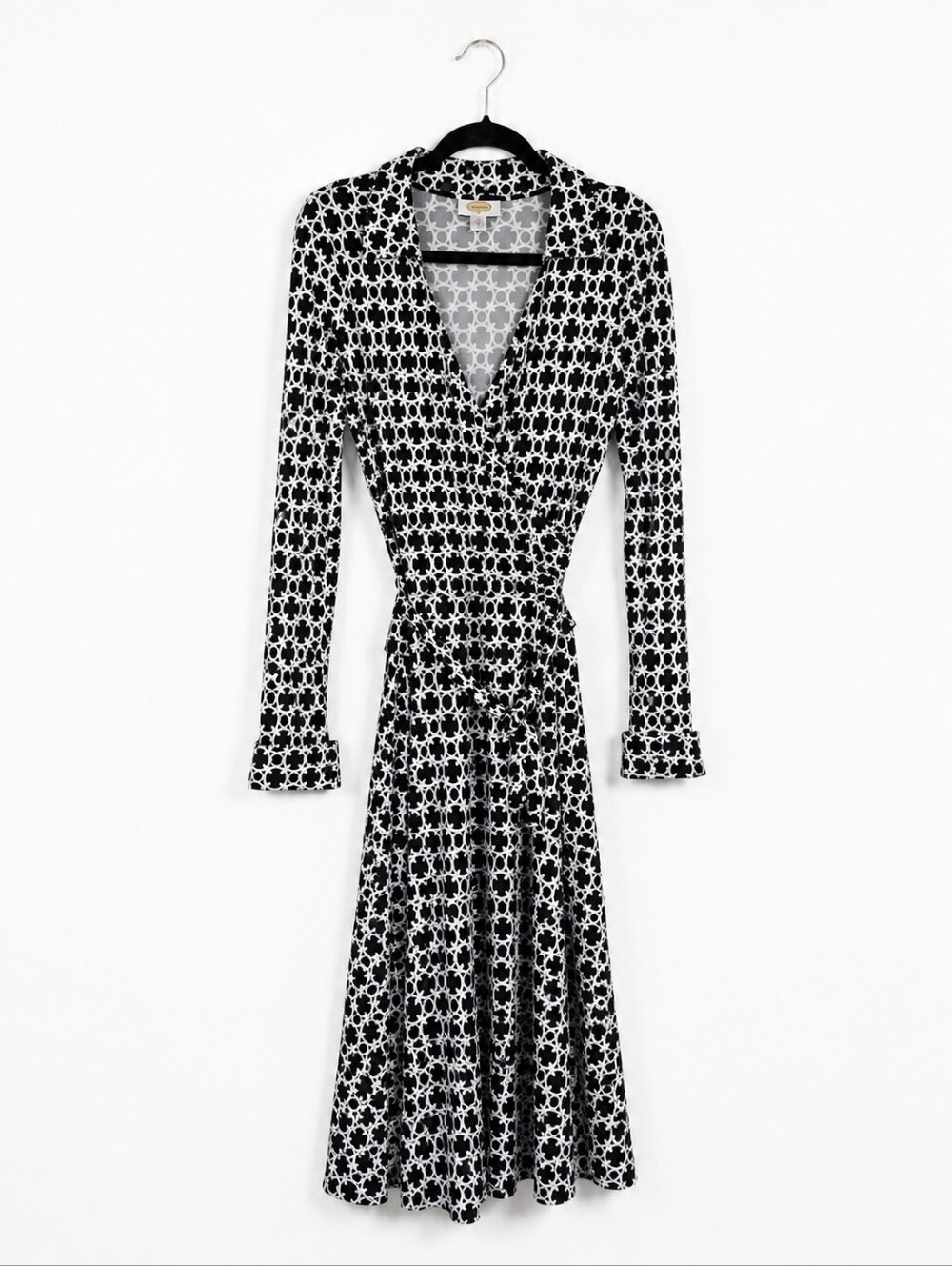 Talbots Size 12 Black White Geometric Wrap Midi Dress Mod Retro Preppy